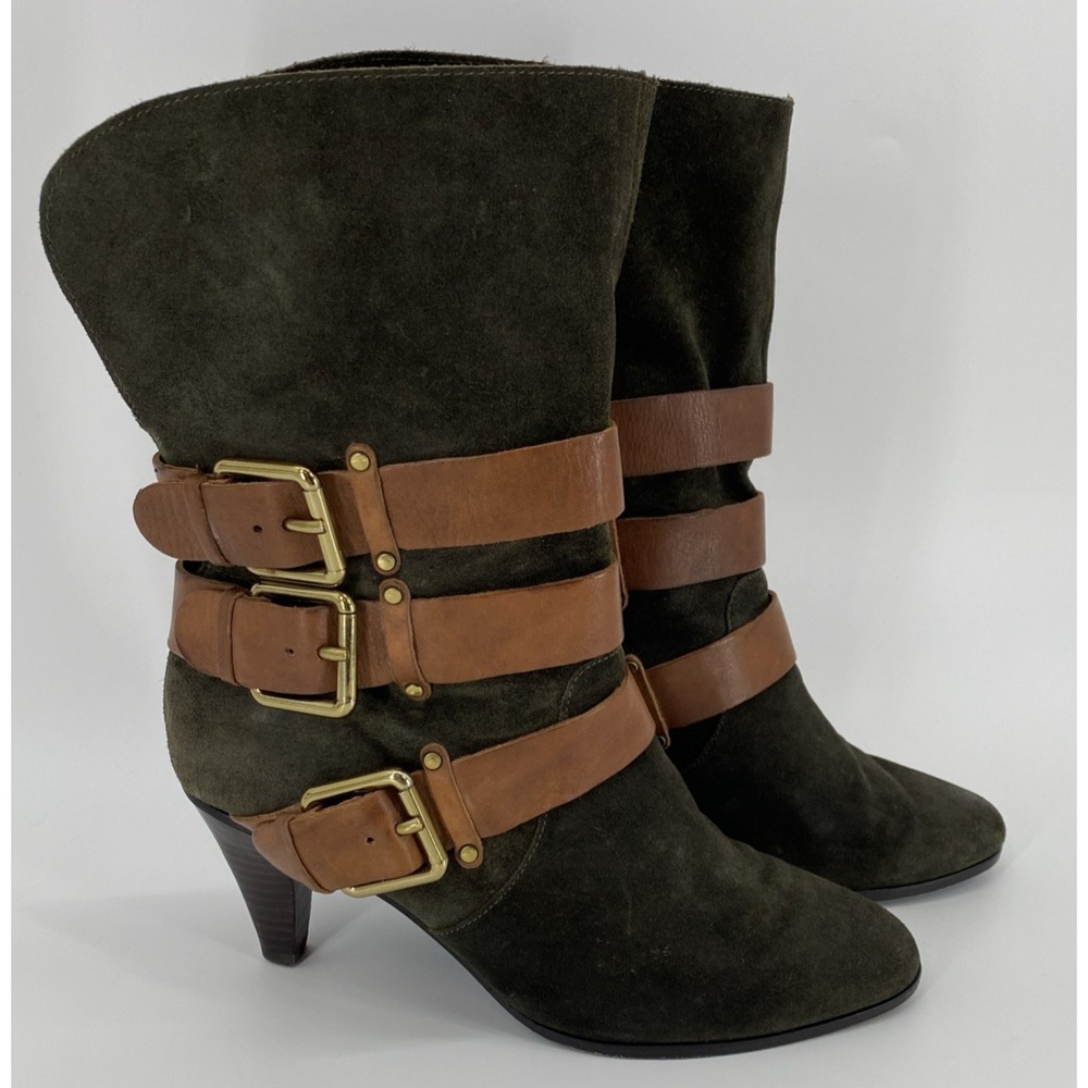 Rebecca Minkoff‎ Dark Olive Green Suede w Buckle Bliss Boots Size 7.5M